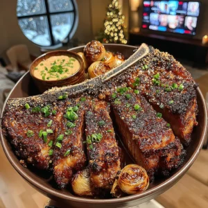 Mustard Seed and Maple-Crusted T-Bone with Charred Cipollini Onions