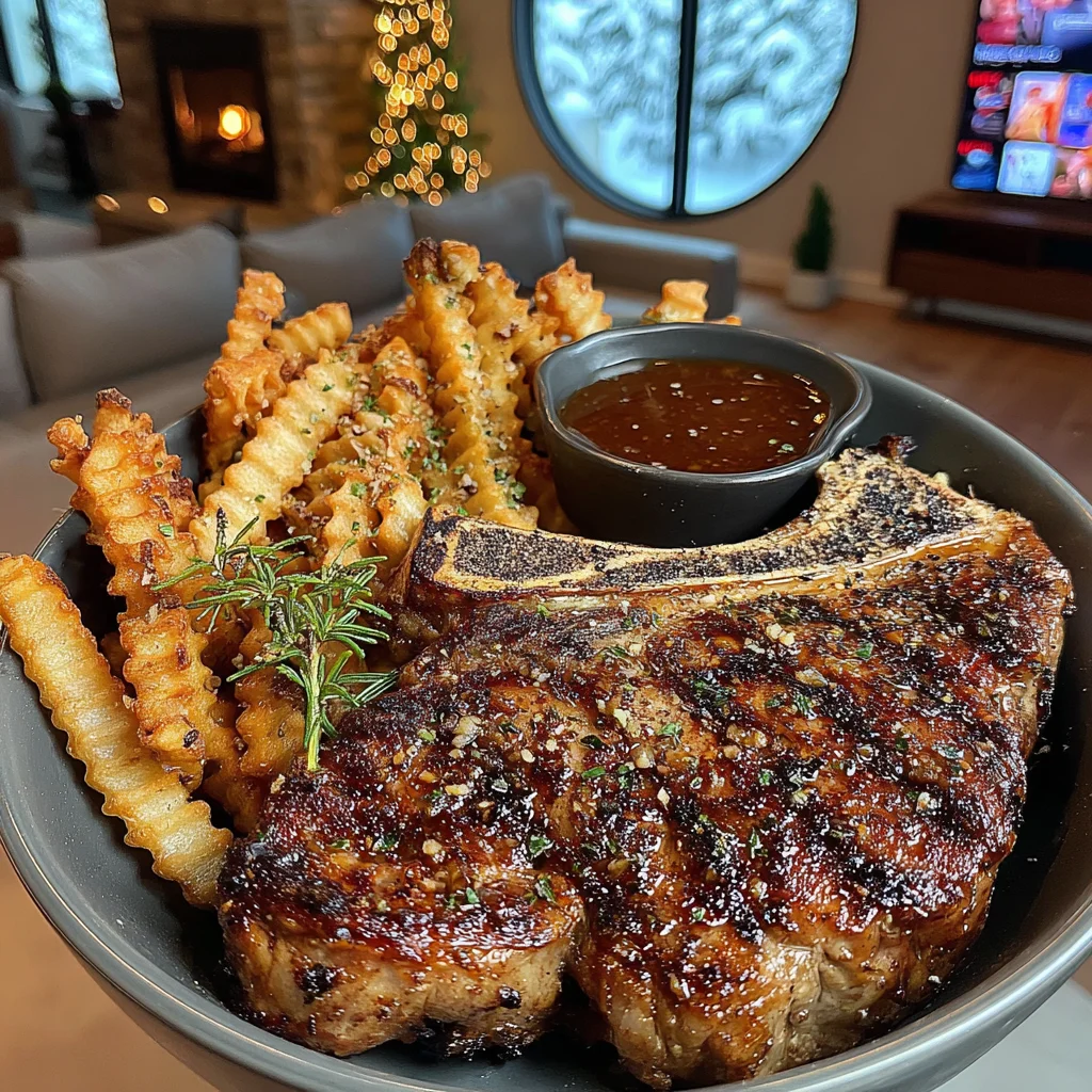Oregano-Basted T-Bone Steak with Rosemary-Salted Crinkle Fries and Savory Onion Jus Sauce