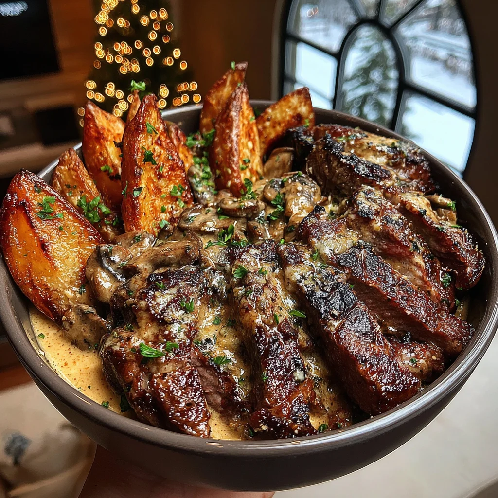 Oregano-Butter Flame-Grilled Entrecôte with Garlic-Parmesan Wedge Fries and Creamy Wild Mushroom Sauce