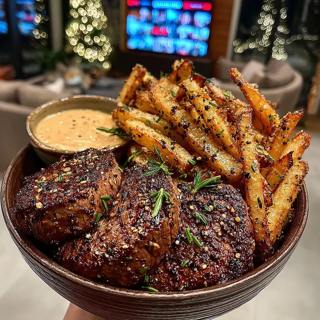 Pepper-Crusted Filet Mignon with Rosemary-Salted Matchstick Fries and Roasted Garlic Aioli Sauce