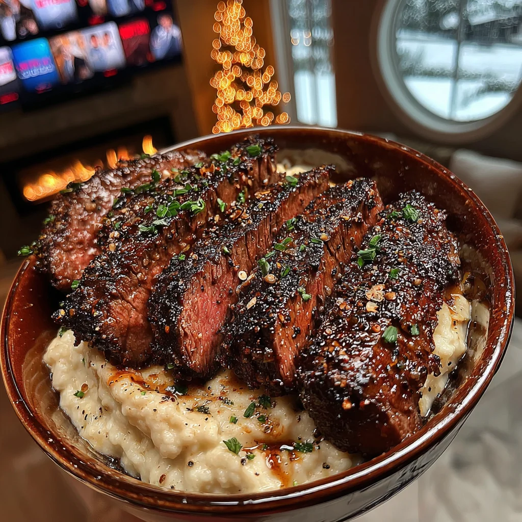 Pink Peppercorn and Sea Salt Crusted Hanger Steak with Truffle-Infused Cauliflower Purée