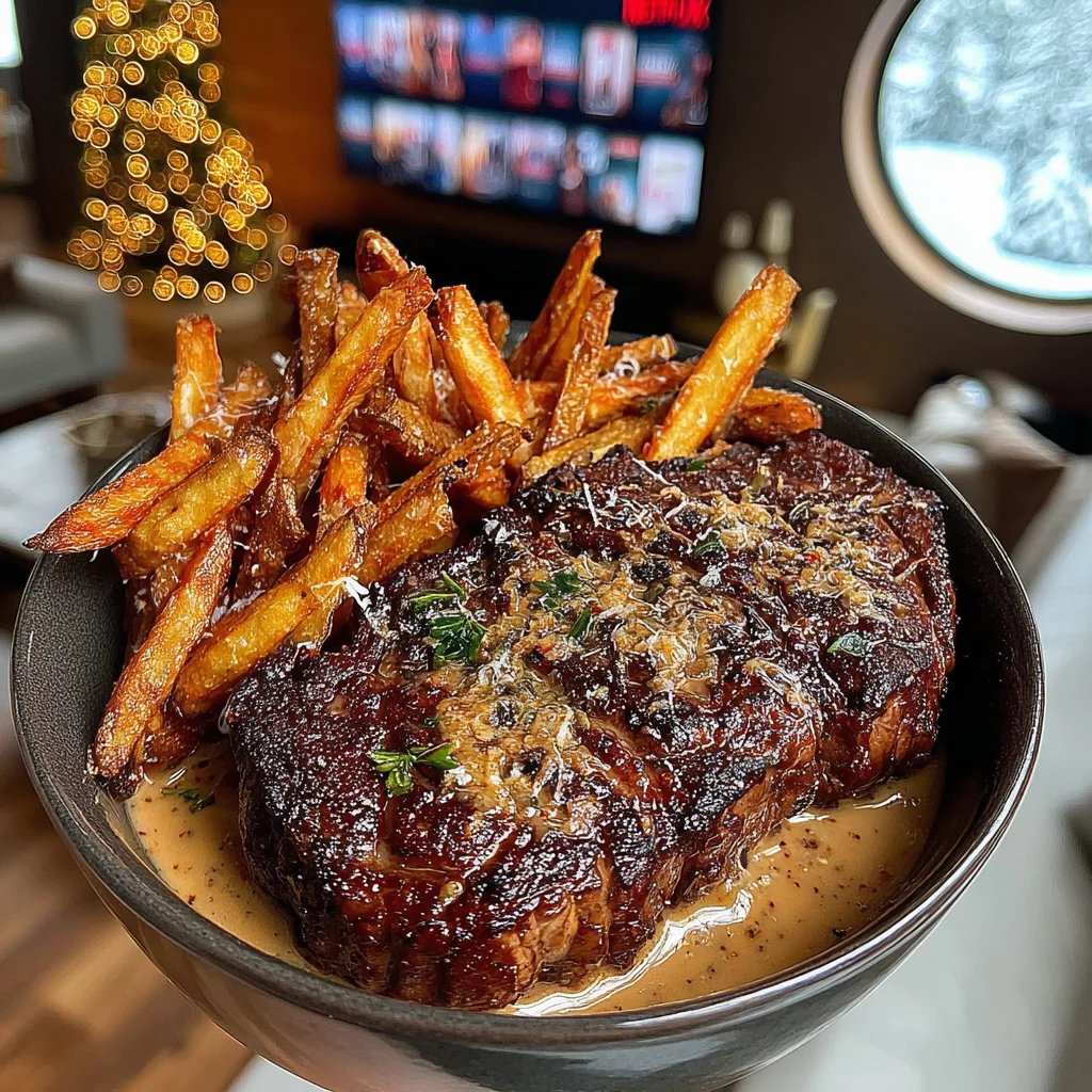 Rosemary-Butter Seared Ribeye with Garlic-Parmesan Shoestring Fries and Rich Brown Peppercorn Sauce