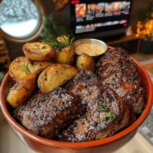 Rosemary-Crusted Sirloin Steak with Lemon-Herb Fries and Roasted Garlic Butter Sauce