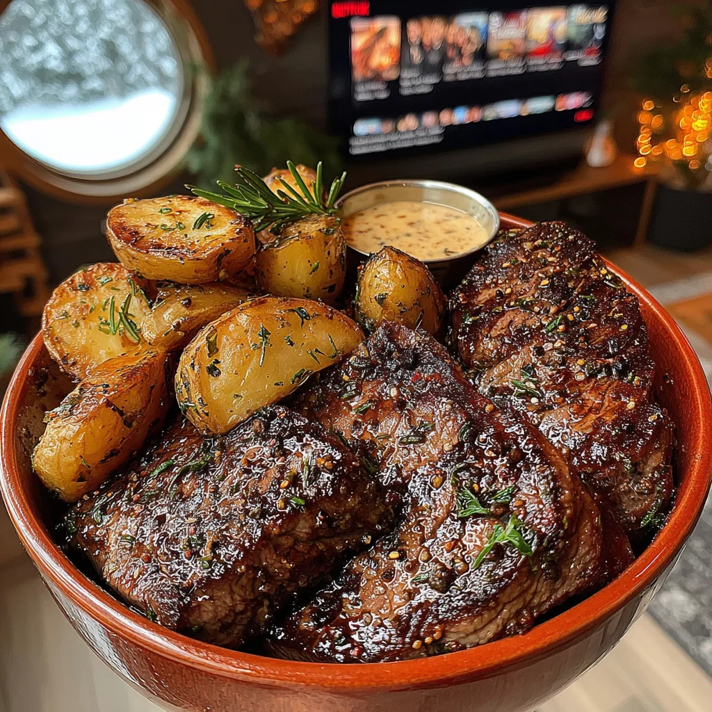 Rosemary-Crusted Sirloin Steak with Lemon-Herb Fries and Roasted Garlic Butter Sauce
