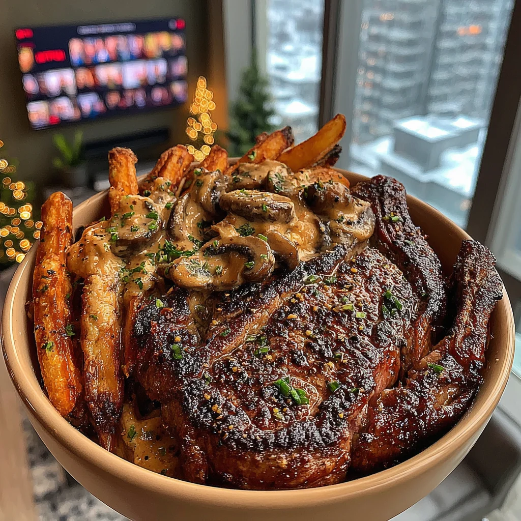 Rosemary-Garlic Basted Ribeye with Truffle-Parmesan Fries and Creamy Wild Mushroom Sauce