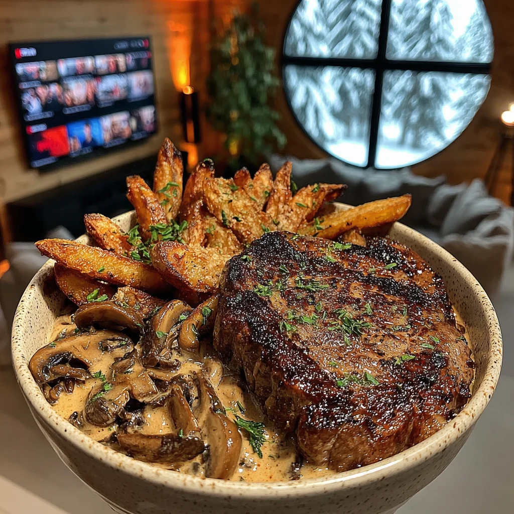 Rosemary-Garlic Seared Ribeye with Truffle-Parmesan Fries and Creamy Wild Mushroom Sauce