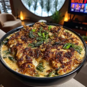 Saffron-Infused Braised Leek Parmesan Smothered Chicken with Crispy Shallots