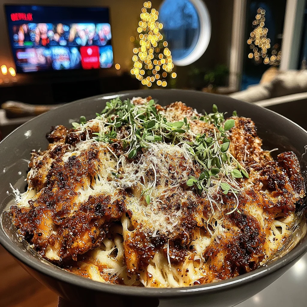 Saffron-Scented Maitake Mushroom Parmesan Smothered Chicken with Micro-Basil