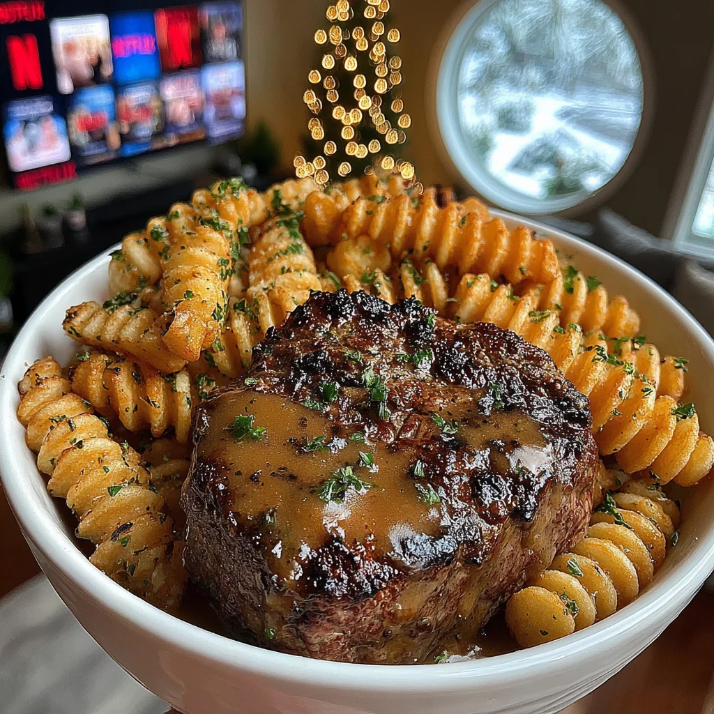 Sage-Butter Roasted Filet Mignon with Garlic-Parmesan Crinkle Fries and Savory Brown Gravy Sauce