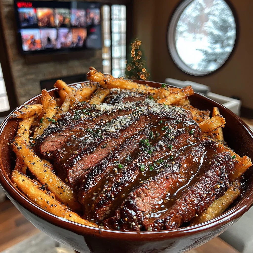 Sage-Crusted Flat Iron Steak with Lemon-Parmesan Matchstick Fries and Savory Peppercorn Jus