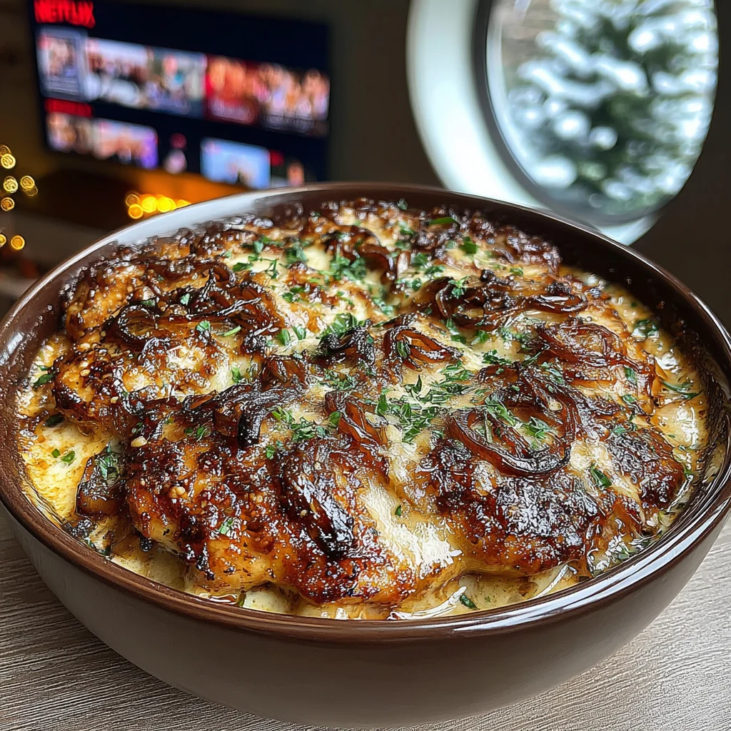 Sage-Infused Roasted Cremini Parmesan Smothered Chicken with Crispy Shallots