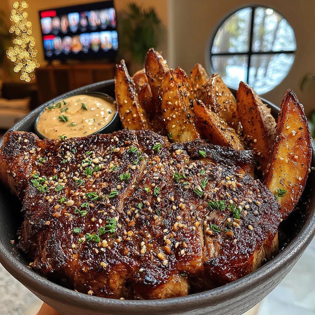 Salt-Crusted Ribeye Steak with Golden Wedge Fries and Creamy Garlic Butter Sauce
