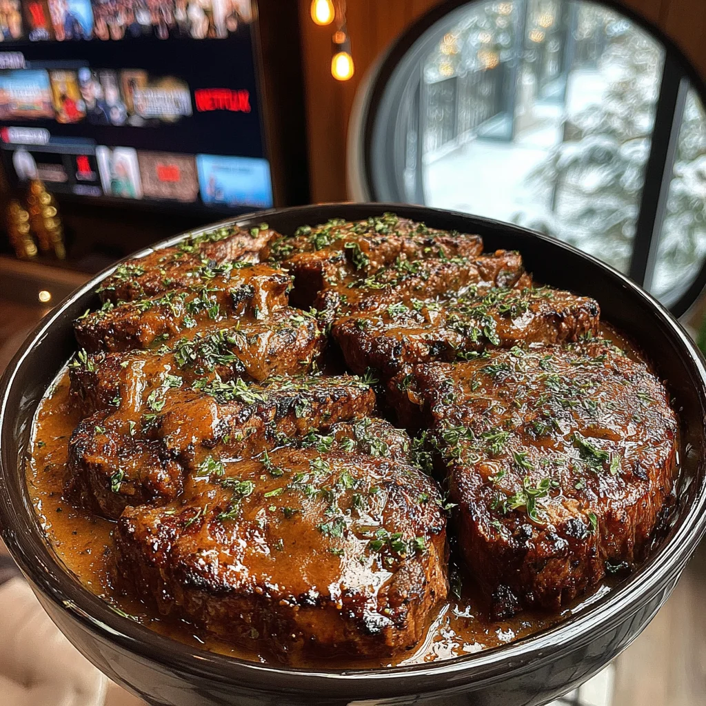 Slow-Braised Garlic and Herb Smothered Beef Steak with Rich Onion Gravy