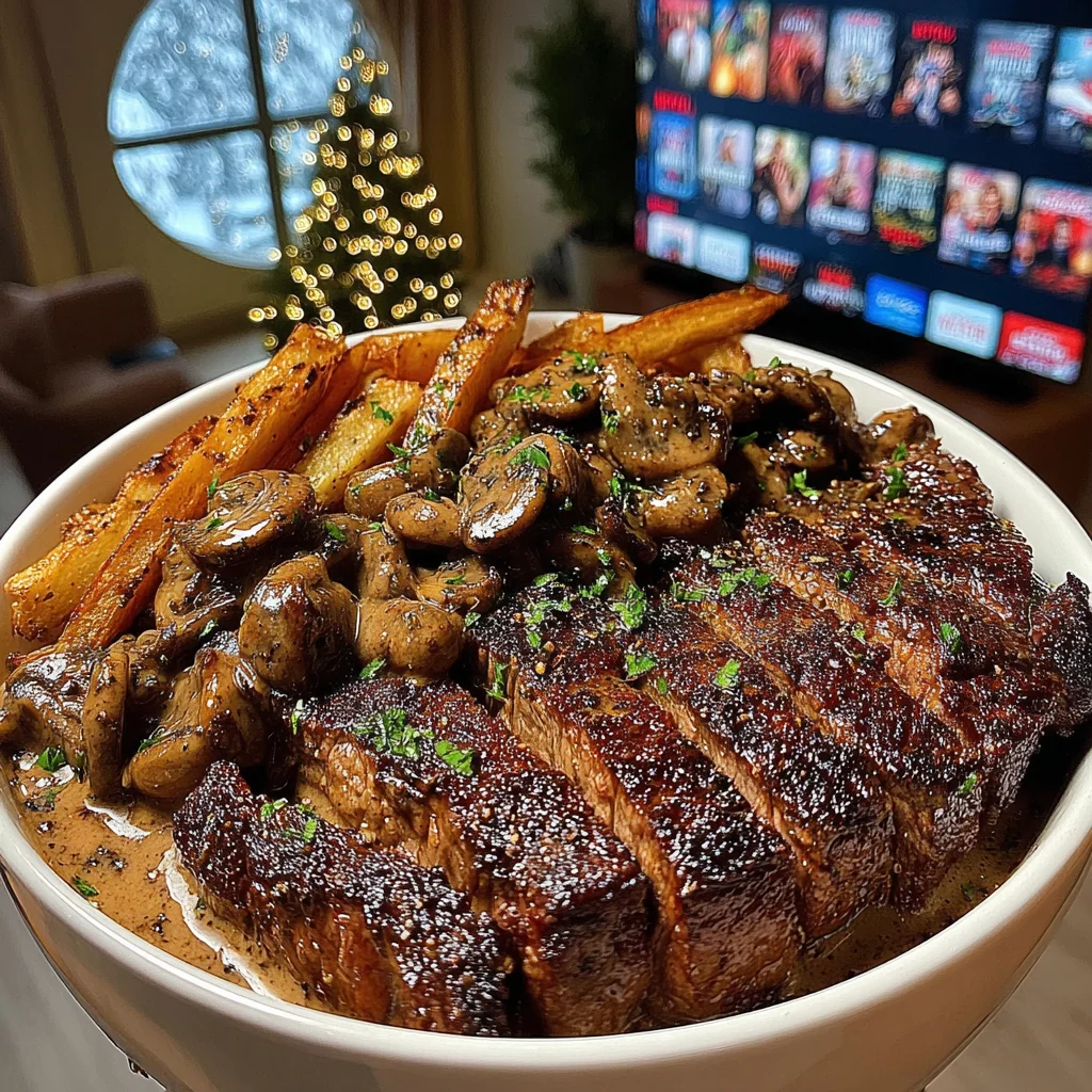 Slow-Seared Sirloin Steak with Double-Fried Fries and Rich Mushroom Peppercorn Sauce