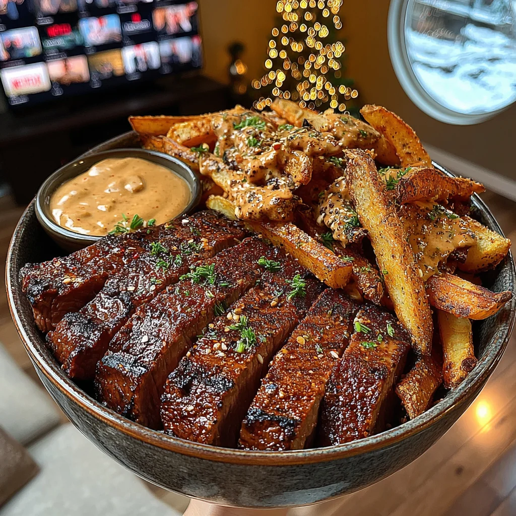 Smoked Paprika Flat Iron Steak with Cajun-Spiced Fries and Zesty Chipotle Garlic Sauce