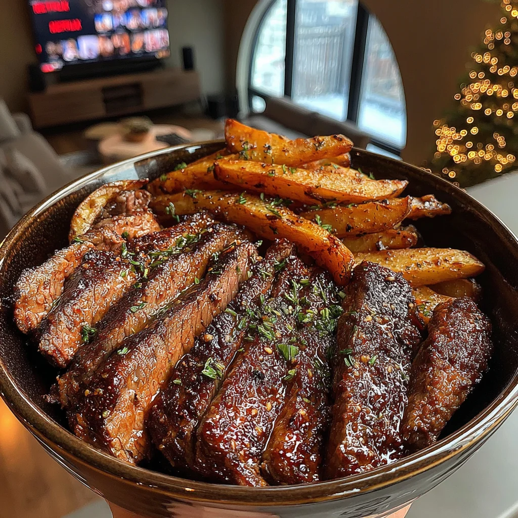 Smoked-Paprika Flat Iron Steak with Herb-Infused Skin-On Fries and Rich Beef Onion Sauce