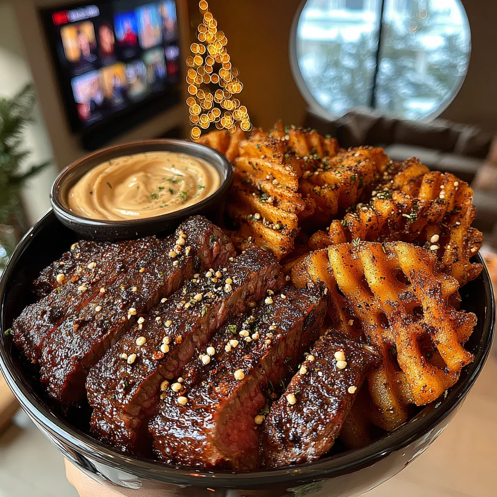 Smoked Paprika Rubbed Flat Iron Steak with Cajun-Spiced Waffle Fries and Tangy Garlic Aioli Sauce