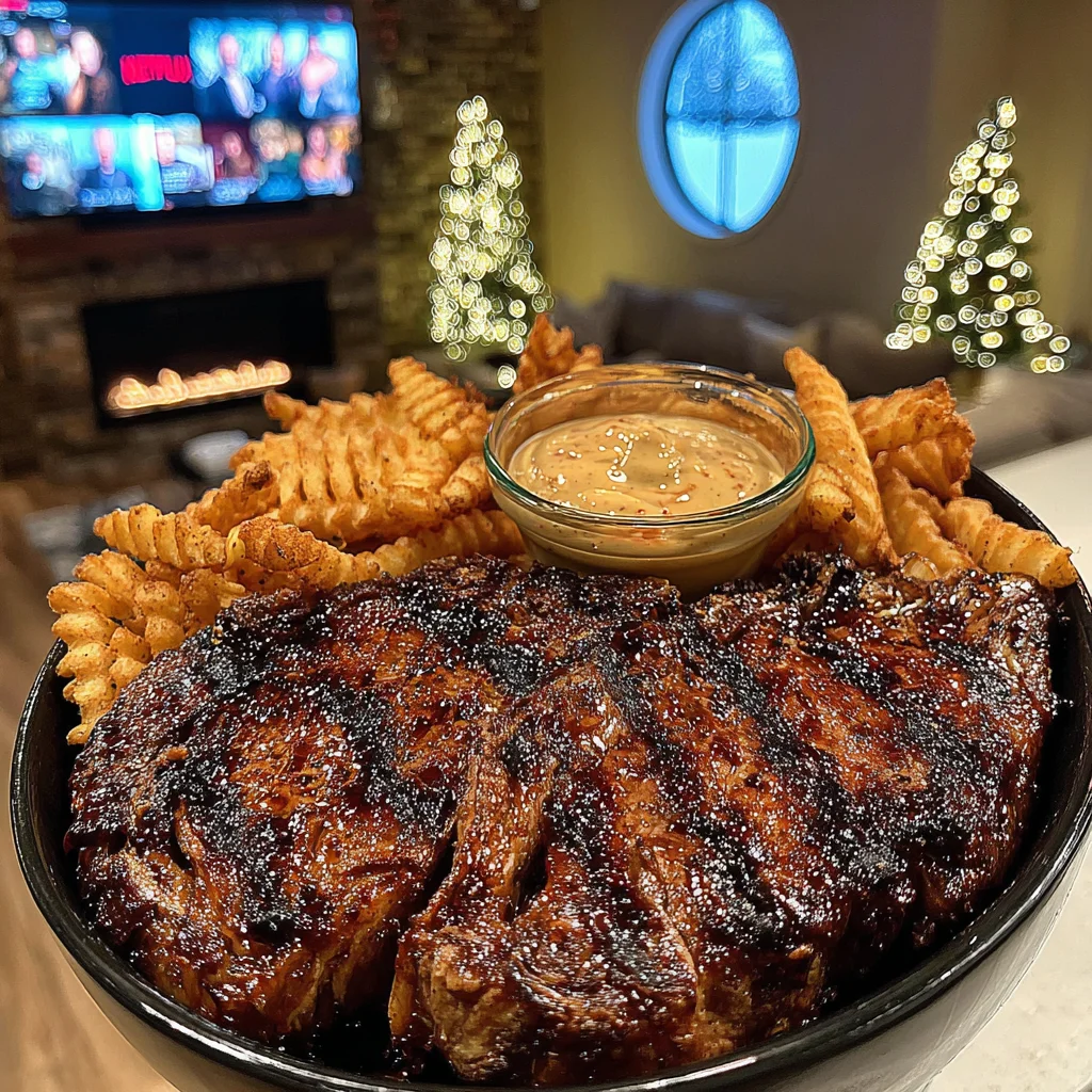 Smokey BBQ Ribeye Steak with Crinkle-Cut Fries and Tangy Honey Mustard Sauce