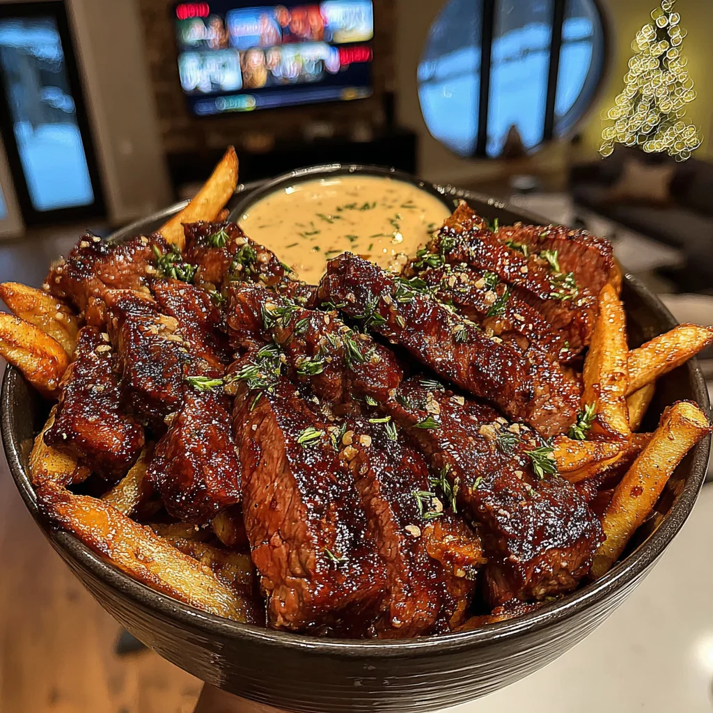 Smokey Molasses Glazed Sirloin with Shoestring Fries and Peppercorn Cream Sauce