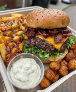 Smoky BBQ Beef Burger Platter with Seasoned Fries and Creamy Ranch Dip
