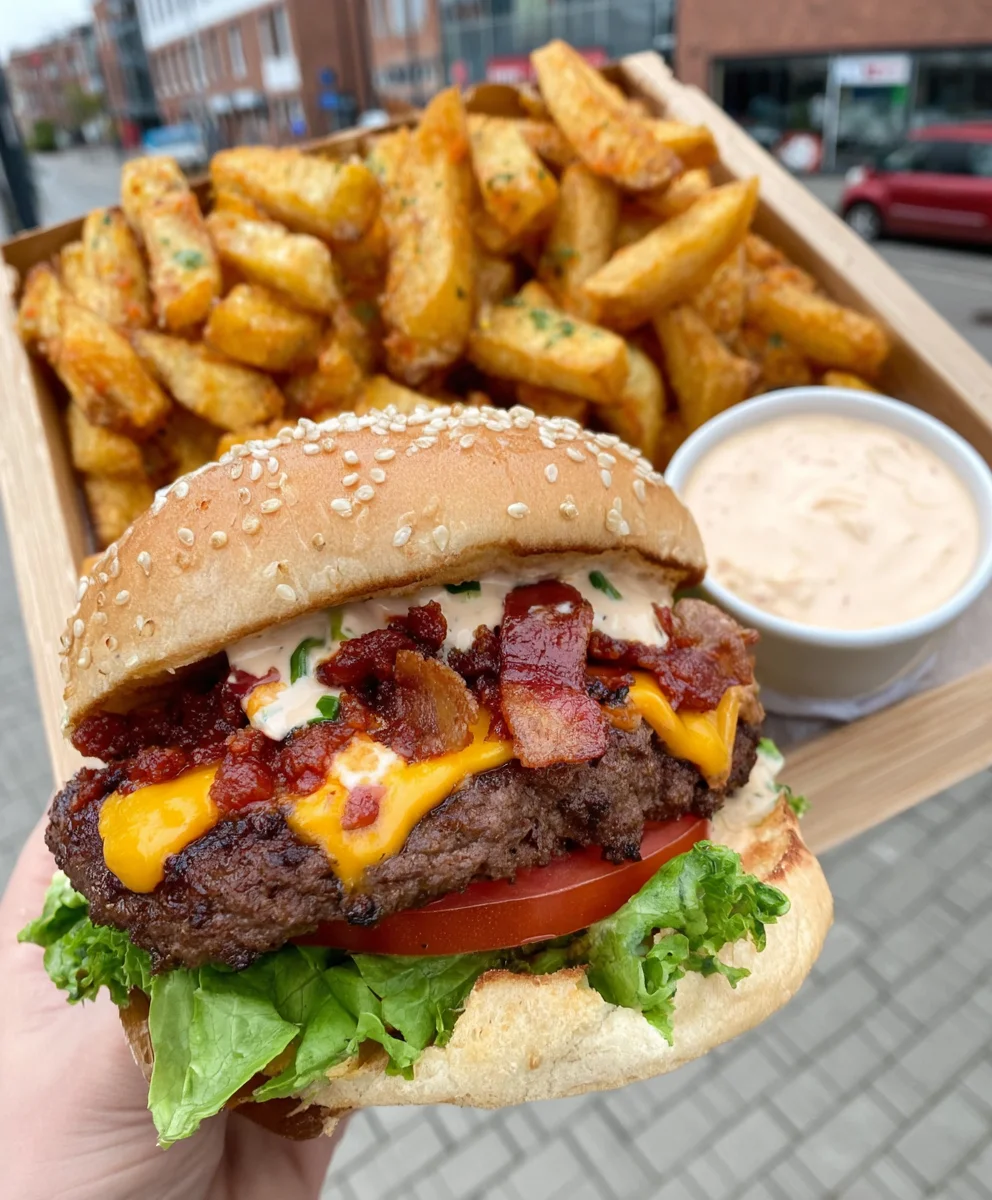 Smoky Chipotle Beef Burger Platter with Steak Fries and Creamy Chipotle Dip