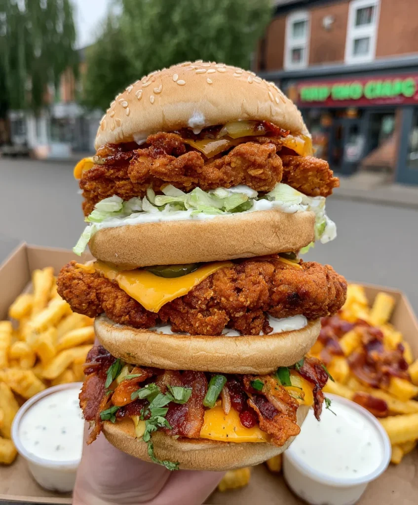 Spicy Crunch Chicken Burger Platter with Loaded Fries and Ranch Sauce