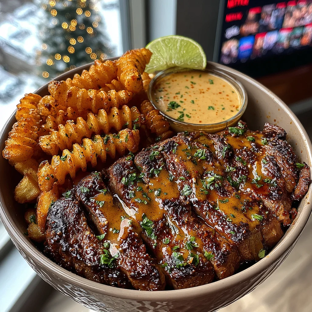 Spicy Honey-Sriracha Ribeye with Golden Crinkle-Cut Fries and Tangy Lime Sauce