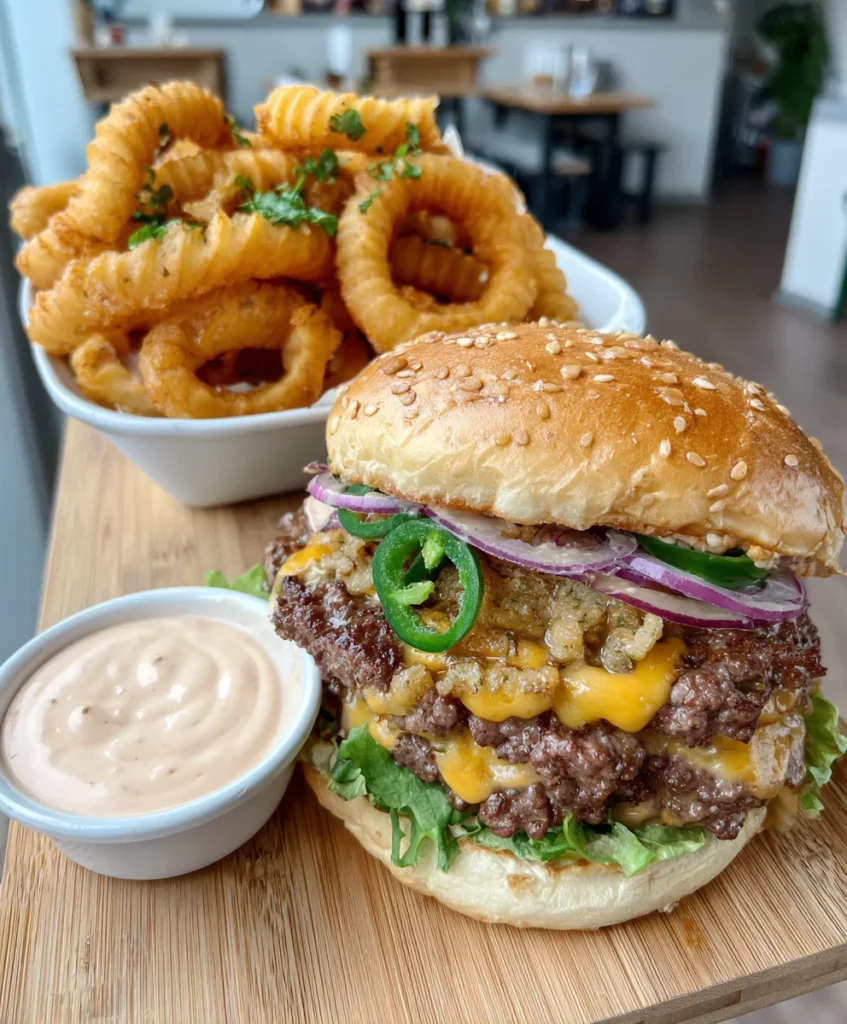 Spicy Jalapeño Beef Burger Platter with Curly Fries and Chipotle Ranch Sauce
