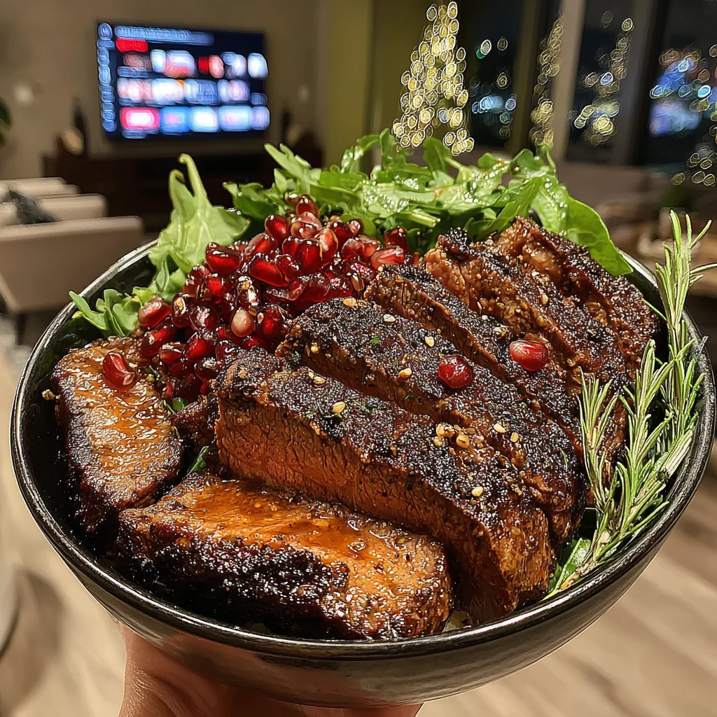 Sumac and Roasted Garlic-Crusted Ribeye with Pomegranate-Tahini Drizzle