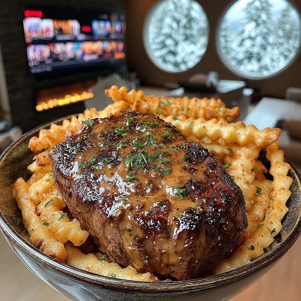 Tarragon-Butter Seared Filet Mignon with Garlic-Parmesan Lattice Fries and Creamy Peppercorn Sauce