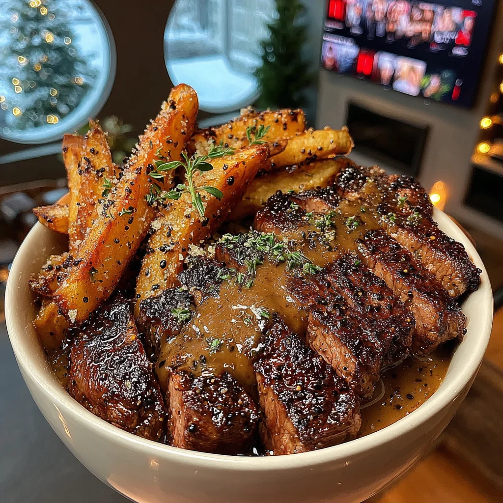 Thyme-Butter Seared Ribeye with Garlic-Parmesan Steak Fries and Rich Mushroom Gravy