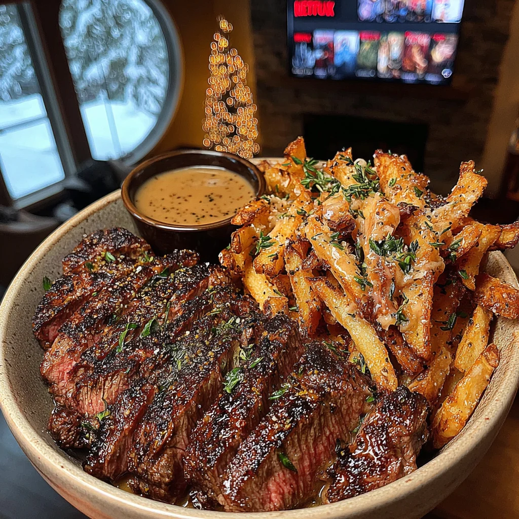 Thyme-Infused Buttered Sirloin with Garlic-Parsley Shoestring Fries and Savory Peppercorn Gravy Sauce