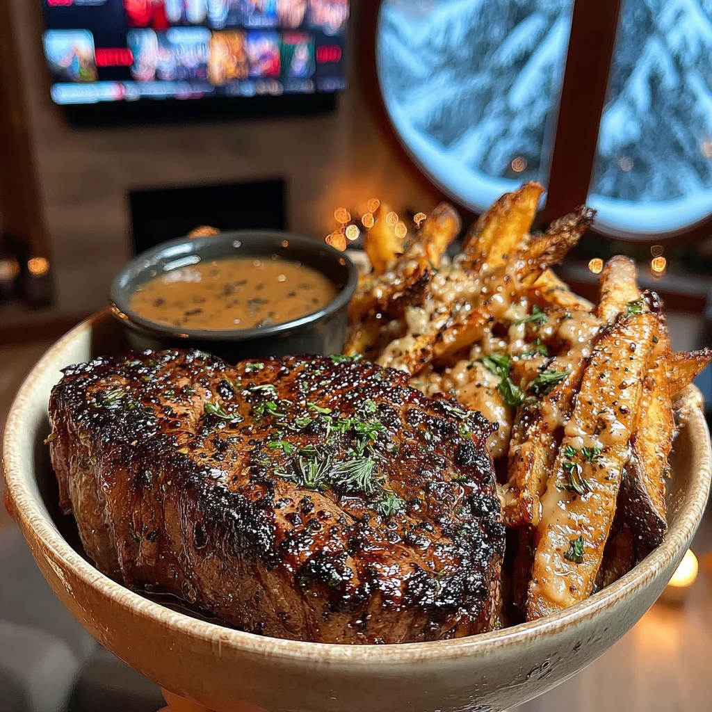 Thyme-Infused Buttered Strip Steak with Lemon-Herb Shoestring Fries and Velvety Peppercorn Sauce