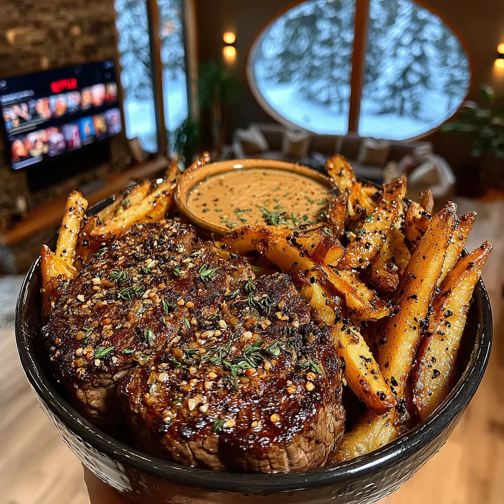 Thyme-Seared Filet Mignon with Hand-Cut Potato Fries and Velvety Peppercorn Sauce