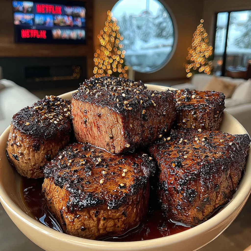 Toasted Cumin and Black Garlic-Crusted Filet Mignon with Saffron-Infused Oil