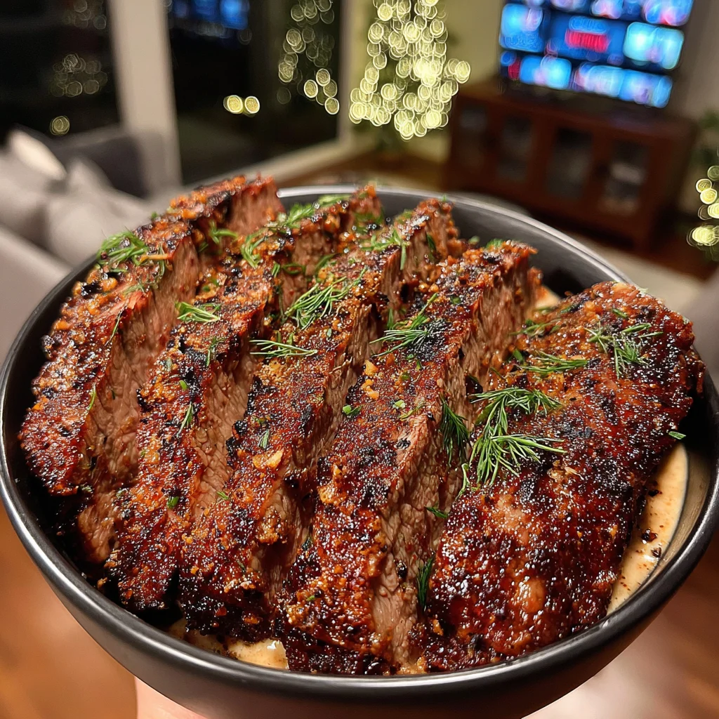 Toasted Fennel and Chive-Crusted Flat Iron with Kalamata Olive Compound Butter
