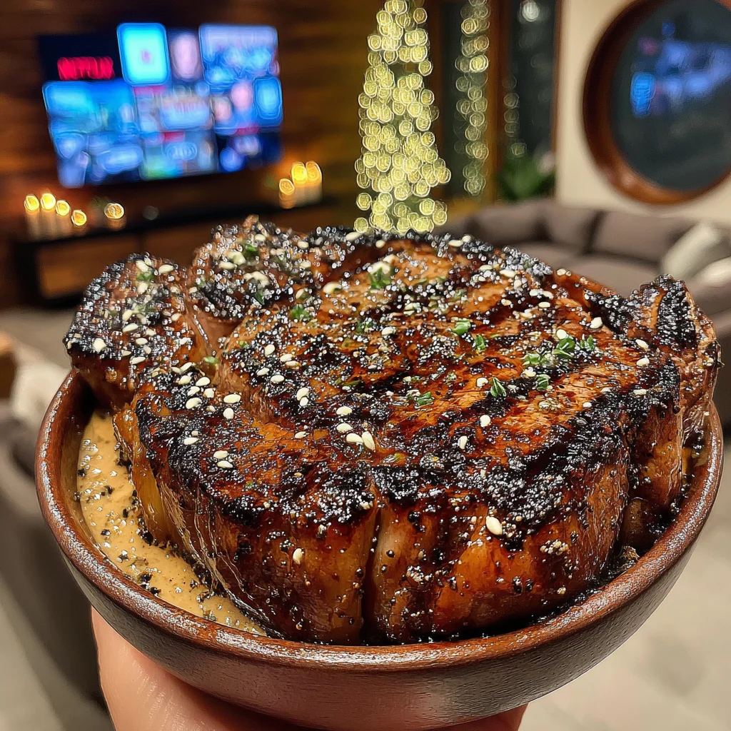 Toasted Shallot and Rosemary-Crusted Ribeye with Roasted Garlic Compound Butter