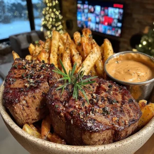 Truffle-Butter Roasted Filet Mignon with Rosemary-Salted Shoestring Fries and Savory Peppercorn Sauce