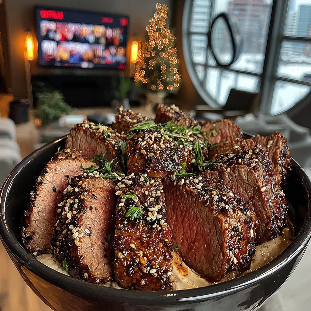 Za’atar and Toasted Sesame-Crusted Filet Mignon with Whipped Garlic Toum