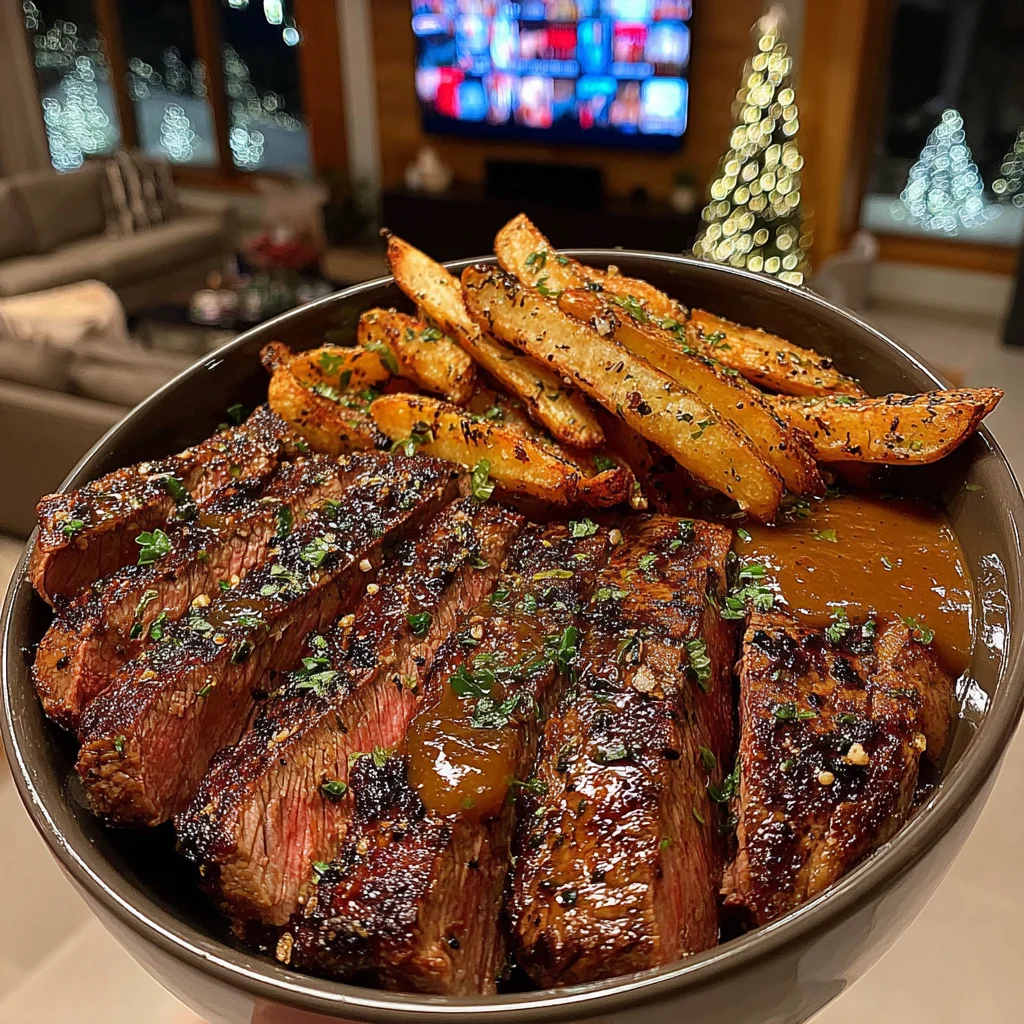 Aromatic Garlic Sirloin Steak with Golden Skin-On Fries and Rich Brown Peppercorn Gravy