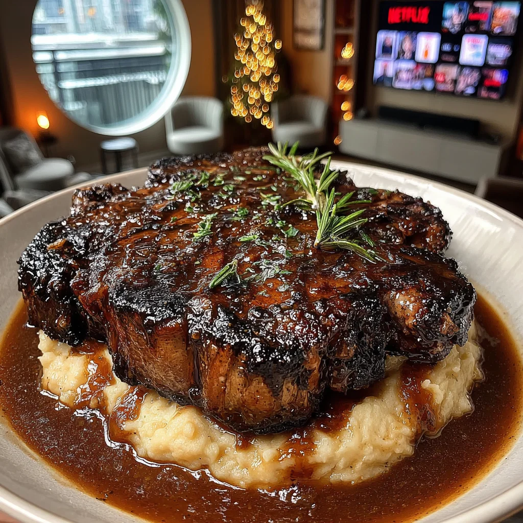 Balsamic-Glazed Garlic and Rosemary Braised Ribeye with a Velvety Root Vegetable Gravy