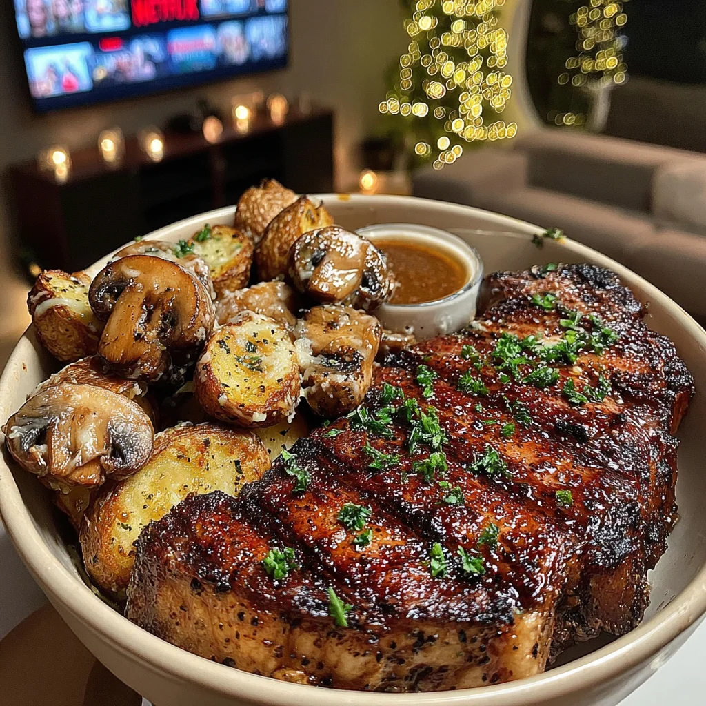 Basil-Butter Grilled Entrecôte with Garlic-Parmesan Skin-On Fries and Velvety Mushroom Jus