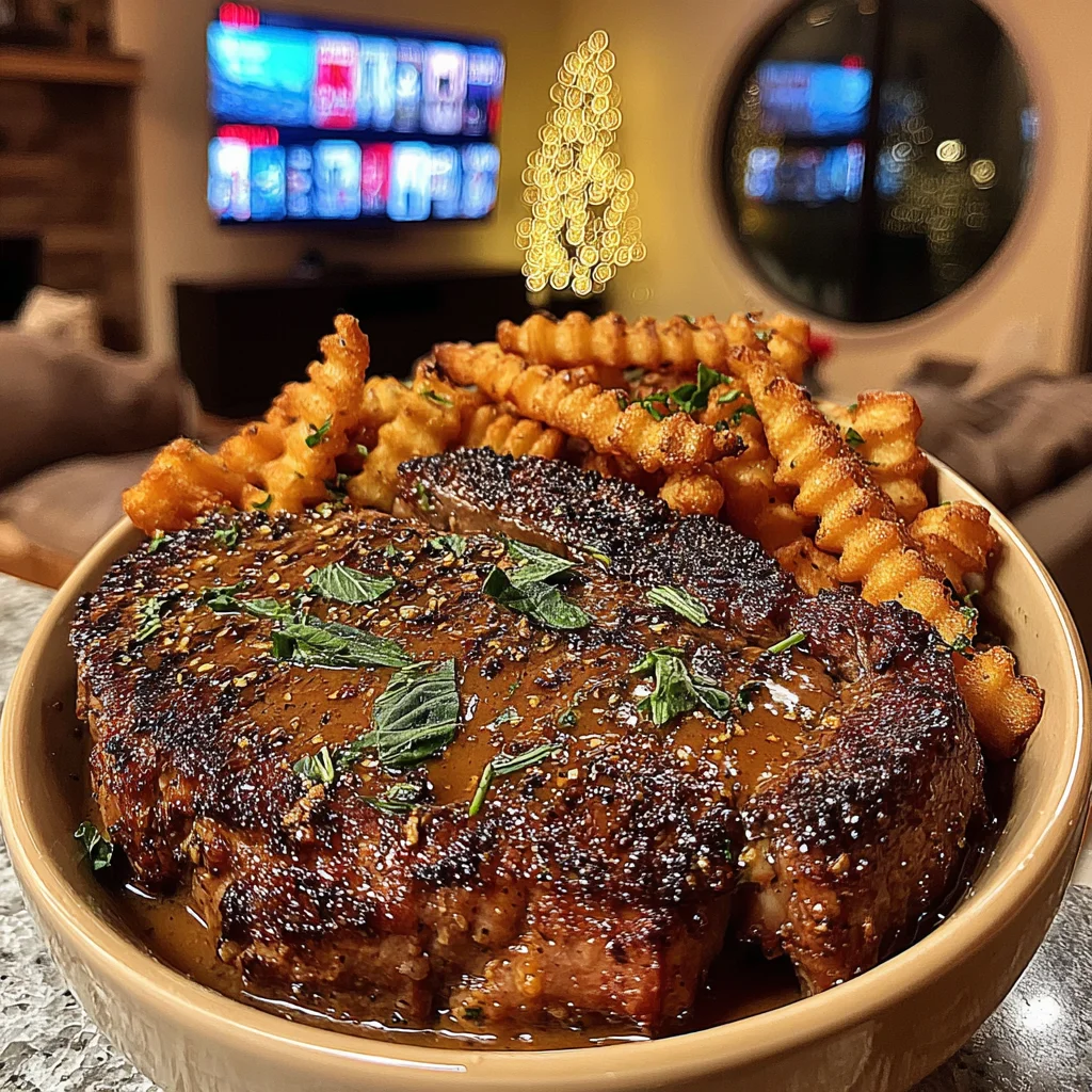 Basil-Infused Ribeye Steak with Lemon-Pepper Crinkle Fries and Rich Beef Jus Sauce