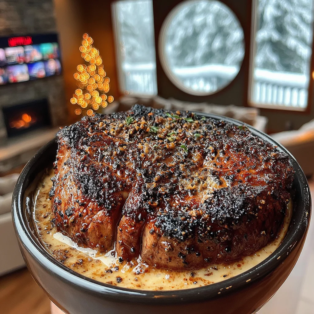 Blackened Scallion and Thyme-Crusted Filet Mignon with Cracked Green Peppercorn Compound Butter