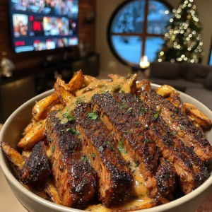 Blackened Strip Steak with Lemon-Herb Lattice Fries and Savory Mushroom Gravy