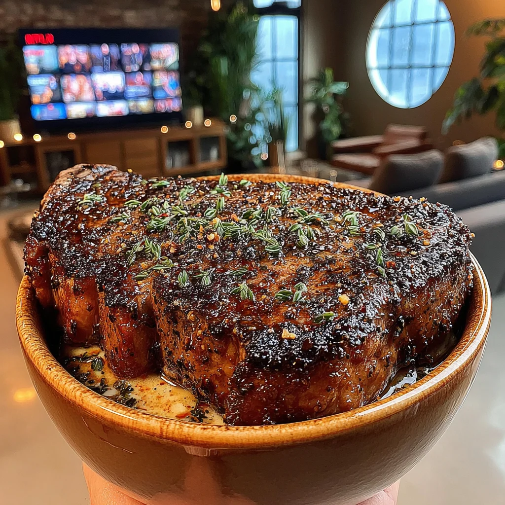 Burnt Garlic and Thyme-Crusted New York Strip with Smoked Chili Compound Butter