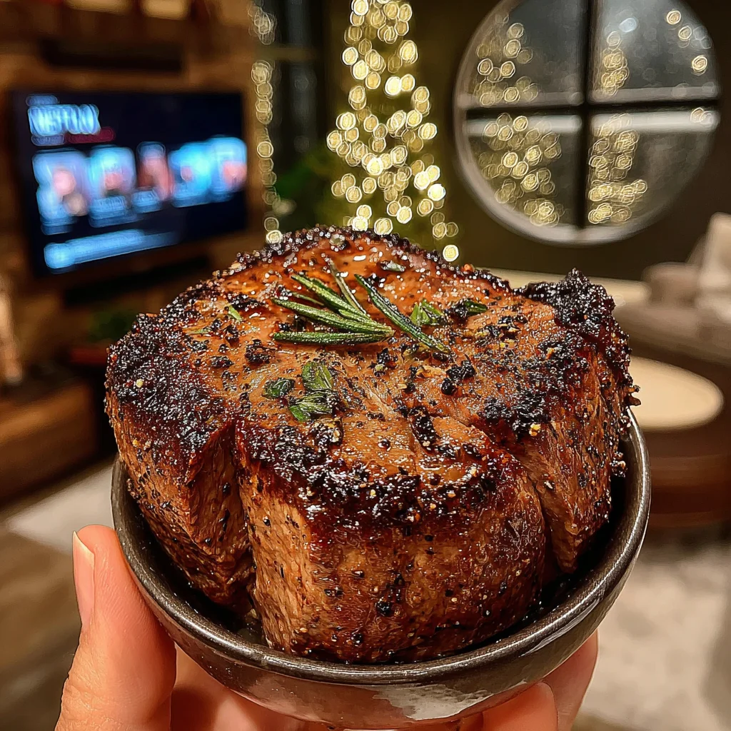 Burnt Leek and Pomelo-Crusted Filet Mignon with Rosemary-Smoked Salt Butter