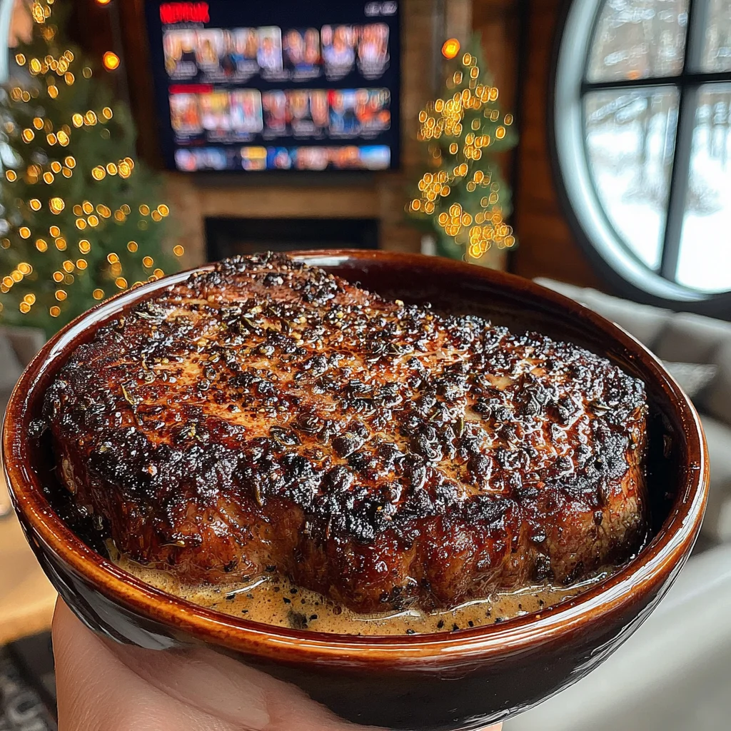 Burnt Onion and Sage-Crusted New York Strip with Smoked Sea Salt Butter