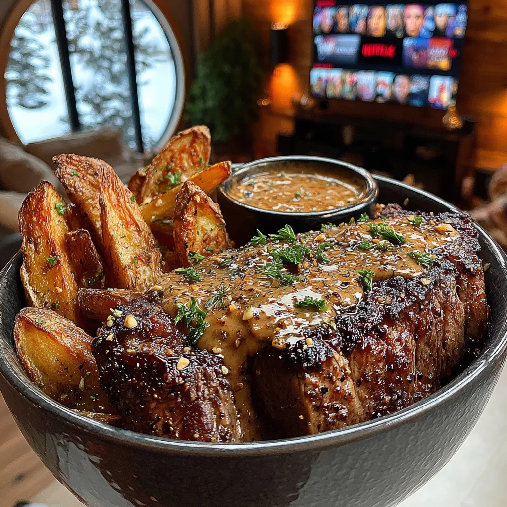 Butter-Basted Garlic Sirloin with Hand-Cut Skin-On Fries and Bold Brown Peppercorn Sauce