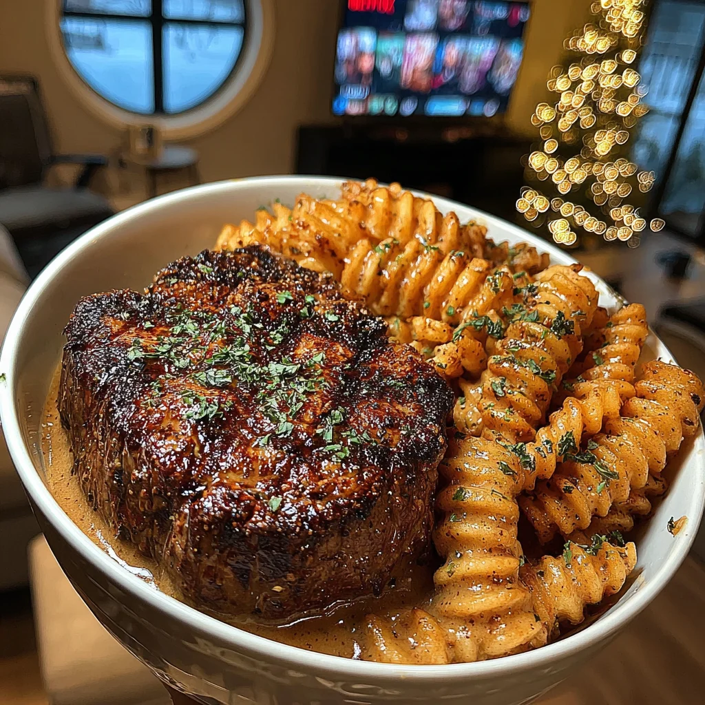 Cajun-Butter Filet Mignon with Zesty Seasoned Crinkle Fries and Velvety Garlic Gravy